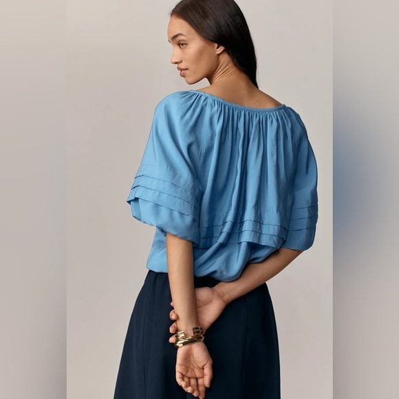 NWT Anthropologie Maeve Elbow Sleeve Bubble Hem Top Cornflower Blue XXS - Picture 2 of 5